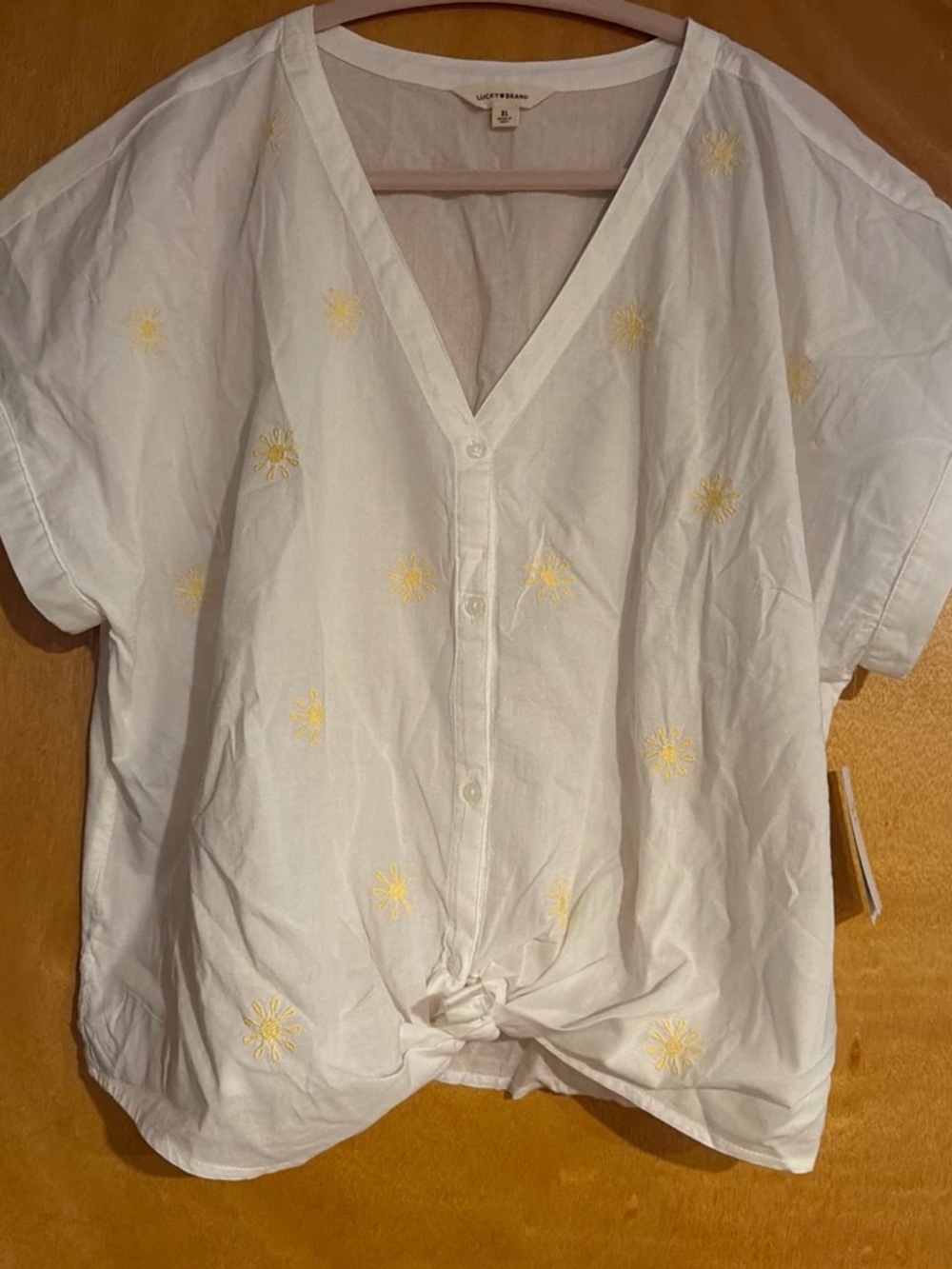 Lucky Brand White Button-Front Top with Yellow Embroidery